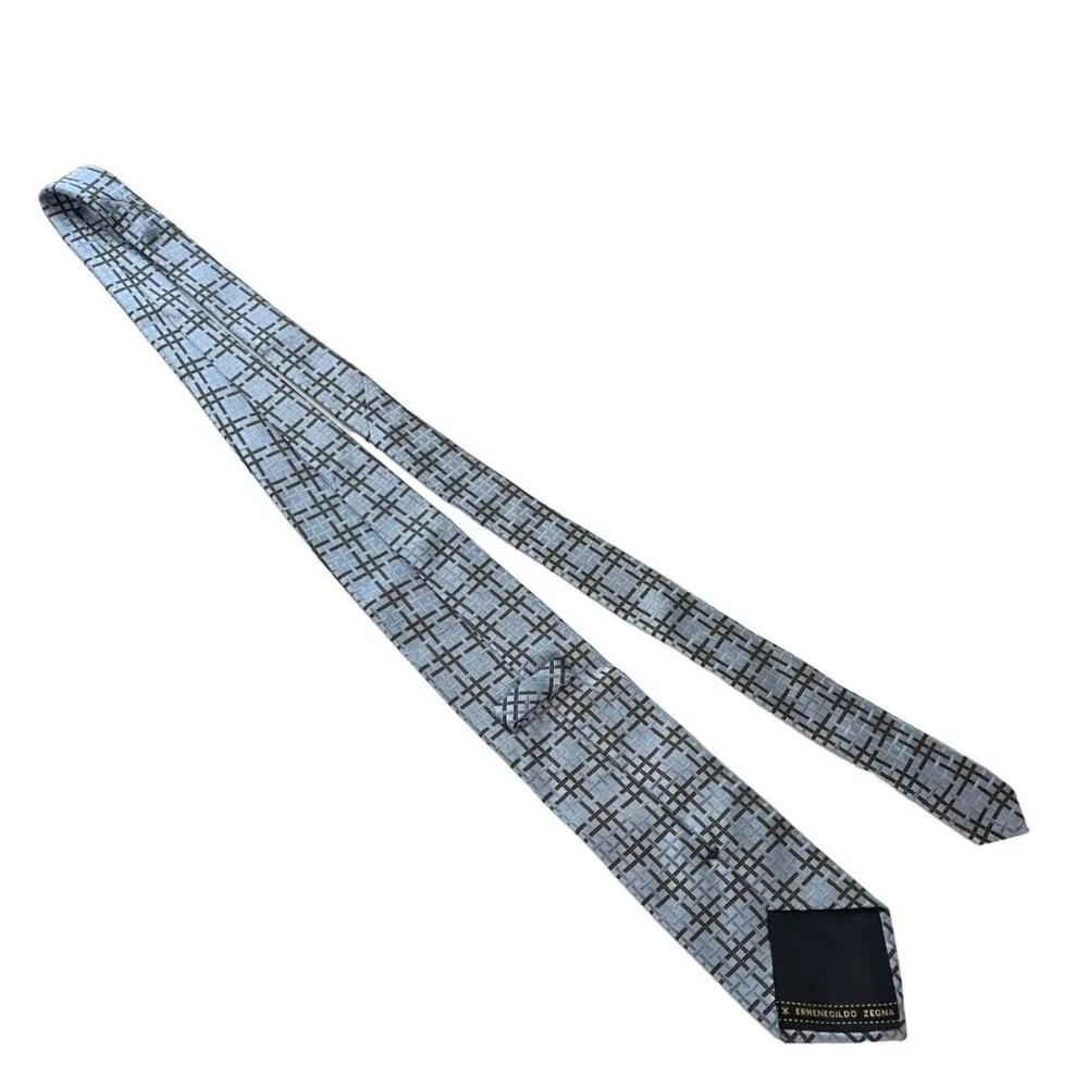 Ermenegildo Zegna Blue Jacquard Geometric Grid Plaid‎ Tie Silk